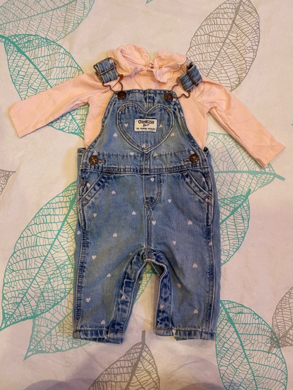 OshKosh B'gosh Light Blue Heart Print Denim Overalls with Pink Top